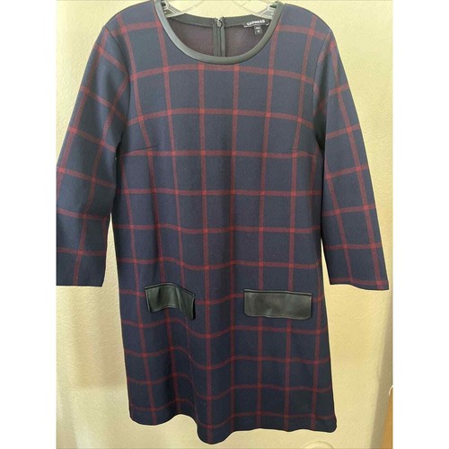 Express sheath dress navy plaid with faux leather accents Large - Picture 1 of 9