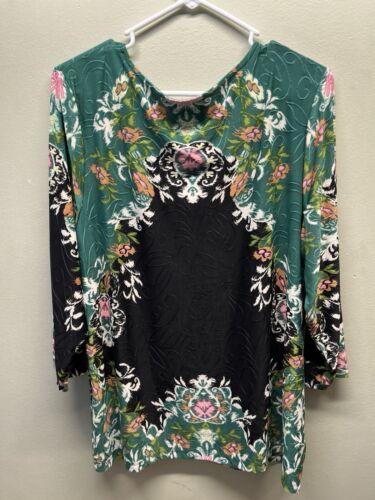 JM Collection blouse womens plus size 2X green & black Jacquard shirt New! - Picture 2 of 5