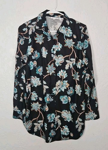 women's chico button up top size 1 (small) black floral paisley long sleeve
