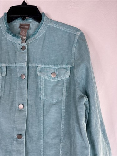 Chicos Sun Washed 3/4 Sleeve Jacket Womens Size 2 Green Button Front Linen Blend - Picture 7 of 17
