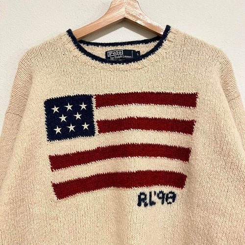 Vintage Polo Ralph Lauren Wool Knit Flag Sweater 1998 Ivory Size Large Rare Snow - Picture 2 of 6