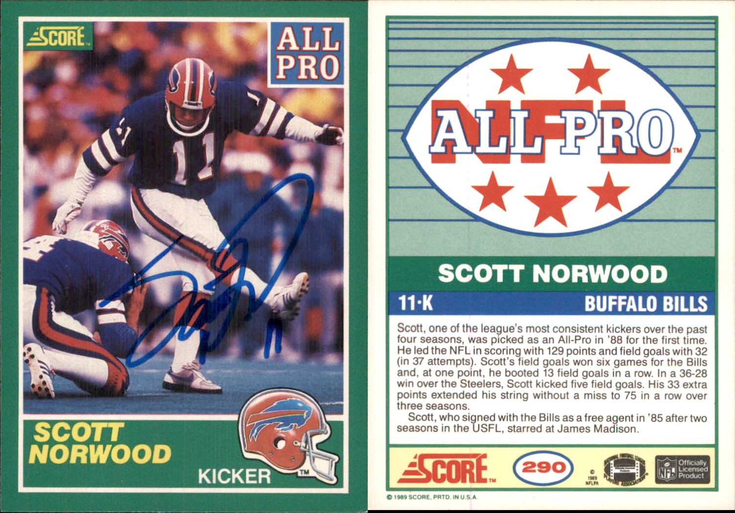 Scott Norwood Signed 1989 Score #290 Card Buffalo Bills Auto AU Autograph Den