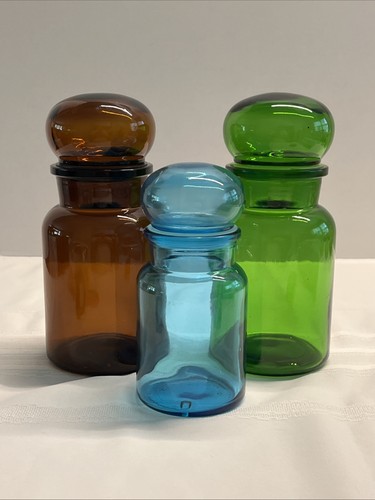 Vtg 3 Pc Glass Apothecary Jars Bubble Lids Belgium 8.75" Green Brown 7" Blue - Picture 13 of 15