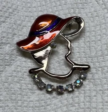 Red Hat Lady Rhinestones Brooch Pin Silver Tone Hat Society Ladies