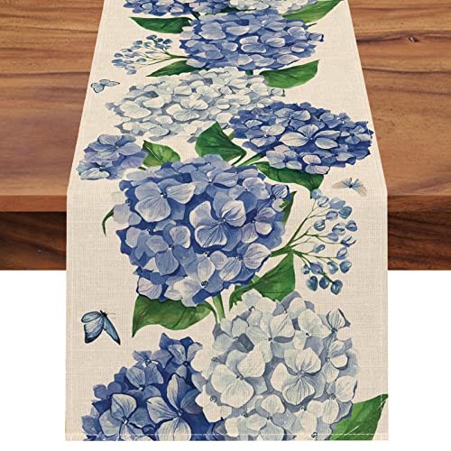Frühling Hortensie Blumen Blumen Tischläufer, blau Schmetterling Küche Esszimmer - Bild 2 von 7
