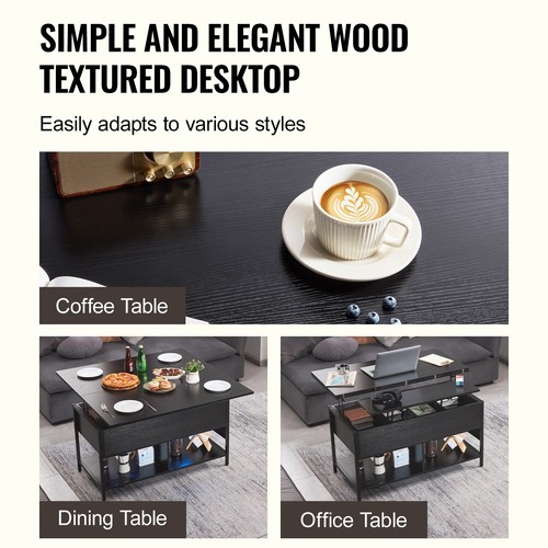 Uimoso Lift Top Coffee Table 39.4" Rectangle Coffee Table with Light & USB Black - Picture 6 of 11