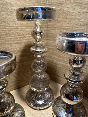 Candle Trio Holder Pillar Mercury Glass Ball Orb Stem VTG Silver Tone India - Picture 3 of 10