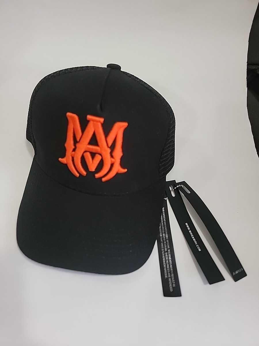 NEW AUTHENTIC! Amiri Black/Orange Logo Mesh Trucker Hat Cap Luxury