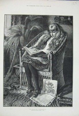 Old Antique Print 1882 Young Girl Reading Cinderella Storybook Chair Gow 19th