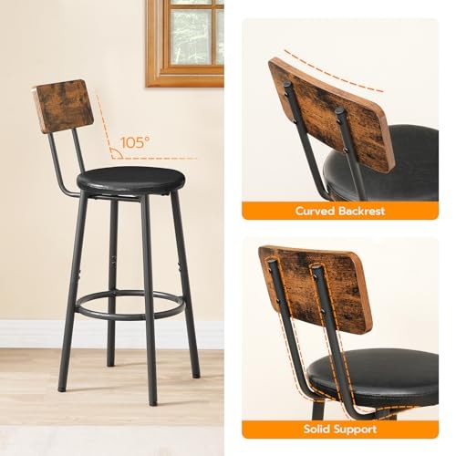 Bar Stools, Bar Stools Set of 2 with PU Upholstered, Bar Rustic Brown, Black - Picture 6 of 7
