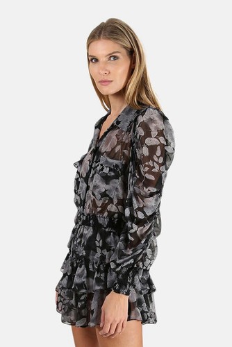 MISA LOS ANGELES Kleid UK L Mini Grau Schwarz Blumen Chiffon Rüschen Langarm - Bild 3 von 10