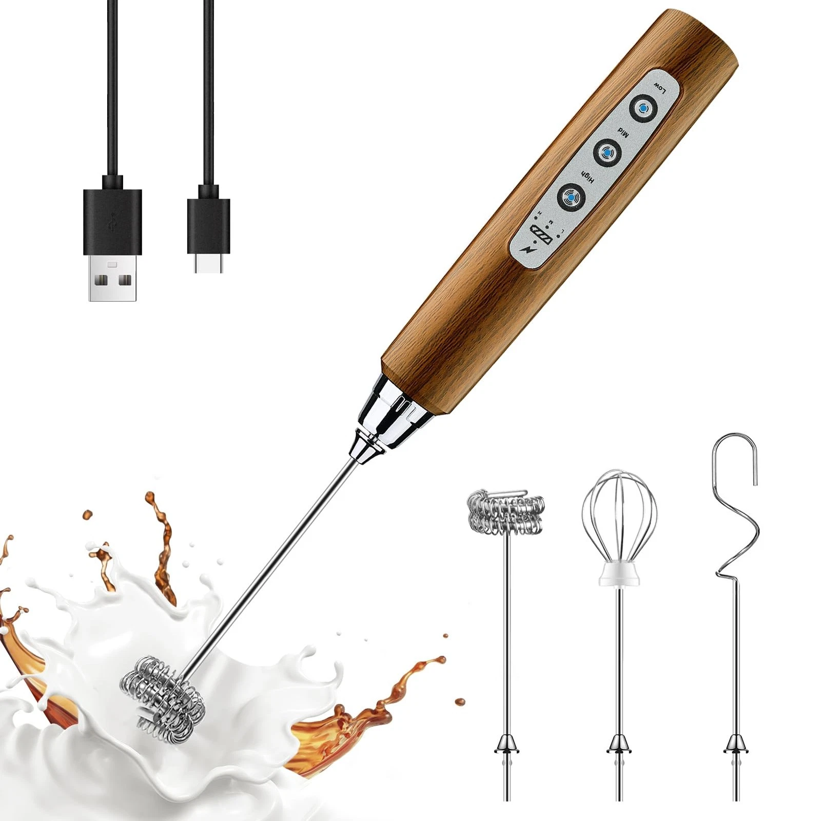 Wood Grain Handheld Milk Frother Wand for Coffee, Rechargeable Electric Whisk...