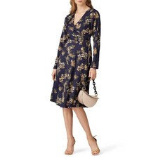 Hutch Juliet Faux Wrap Dress Womens 6 Navy Floral Jacquard Midi Events Party