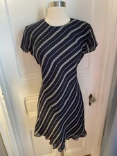 ANN TAYLOR 100% SILK NAVY & MULTICOLOR STRIPE  FIT & FLARE DRESS-SIZE6P-NWOT!