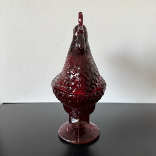 Vintage L.E. Smith Ruby Red Amberina Glass Lidded Rooster Candy Dish 8.5"H Glows - Picture 3 of 14