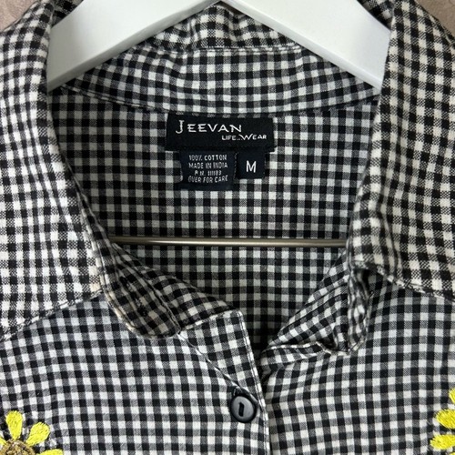 Jeevan Black And White Checkered Shirt Sunflower Embroidery Women Sz M - Picture 2 of 4