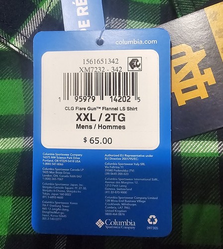 Camicia Columbia Uomo Collegiale Flanella Manica Lunga Notre Dame Taglia XXL NUOVA CON ETICHETTE - Foto 6 di 6