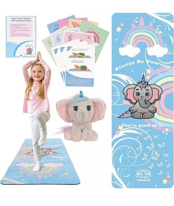 Ellicorn Kids Yoga Mat  100 Beginner Yoga Pose Cards Positive Affirmations Plush