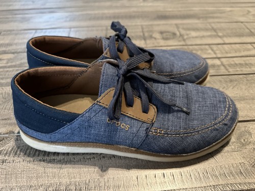 Crocs Mens Sz 10 Santa Cruz Playa Loafer Slip On Lace Up Blue Denim Shoes 204837 - Picture 2 of 9