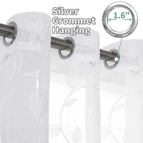 BGment White Sheer Curtains 84 Inches Long 2 Panels - Embroidered Leaf Patter... - Picture 3 of 9