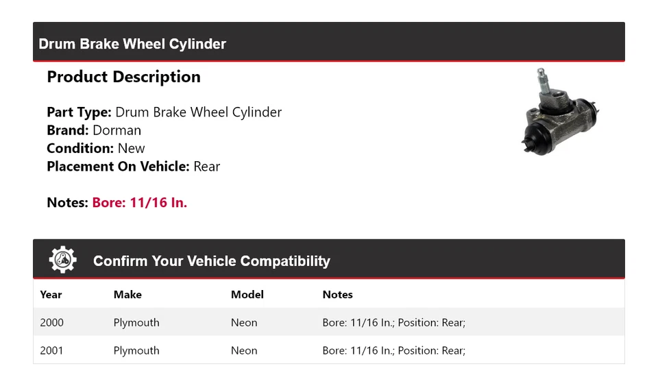 For 2000-2001 Plymouth Neon Dorman Drum Brake Wheel Cylinder Rear - Image 2 of 3