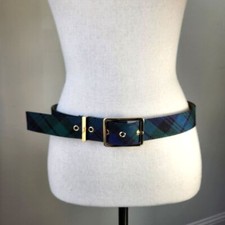 Talbots Black Watch Tartan Blue Green Plaid Wool Gold Hardwear Blend Medium Belt