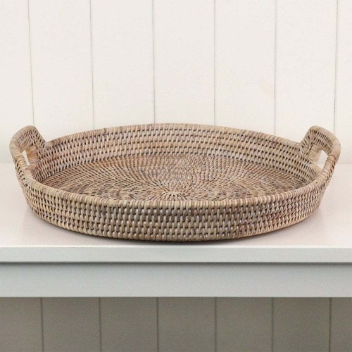 Round Rattan Wicker Tray Woven Natural Grey With Handle Stylish Serving Display - Picture 12 of 12