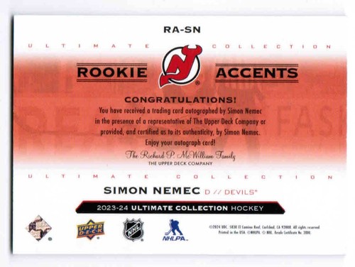 23/24 UPPER DECK ULTIMATE COLLECTION SIMON NEMEC RA-SN ROOKIE ACCENTS AUTO /35 - Picture 2 of 2