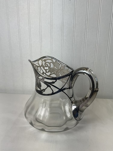 ANTIQUE Water Pitcher & Glasses Edwardian Art Nouveau Clear Glass Silver Overlay - Picture 5 of 9