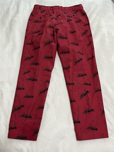 Brooks Brothers Breton Pants Paul Brown Sailboat Print 34 x 30 Red Poplin