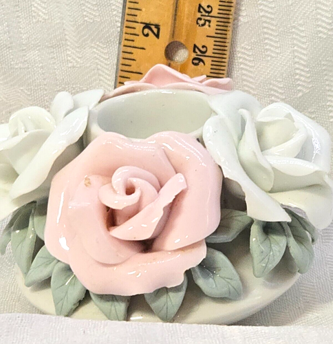 Coppia di portacandele vintage stile Capodimonte floreale - rose rosa/bianche - Foto 5 di 6