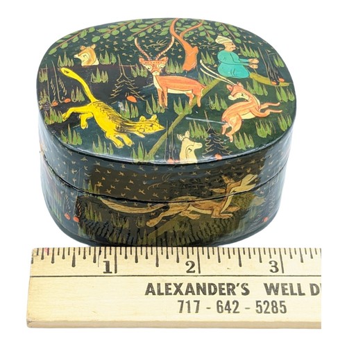 HandPainted Kashmiri Squoval Box Lion, Antelopes,Fox And Wild Animals In Forest - Picture 14 of 14