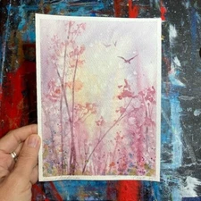 Original Painting Sunset Landscape Watercolor  NEW Art Birds artwork Artettina