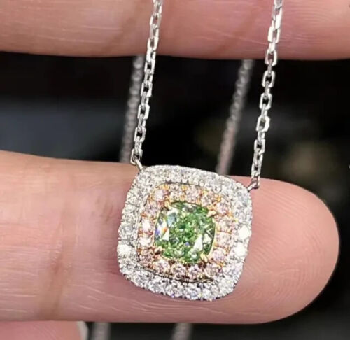 2.50Ct Cushion Cut Lab-Created Green Peridot Halo Pendant 14k White Gold Plated - Picture 1 of 8