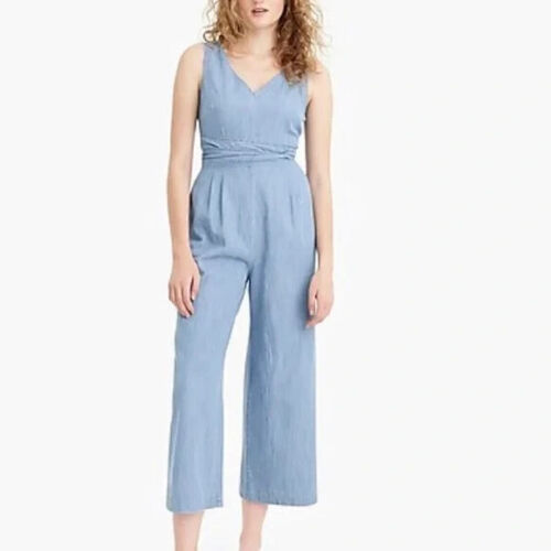J. Crew Wrap Jumpsuit Women's 4 Blue Denim Chambray Tie Waist Sleeveless V Neck