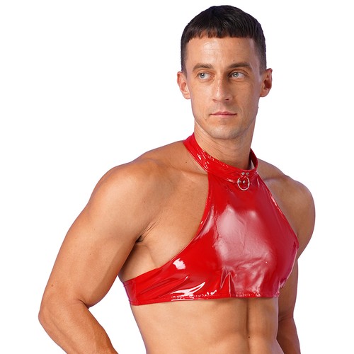 UK Mens Glossy Cropped Vest Wet Look Patent Leather Crop Top Shirt Clubwear Tee - Picture 53 of 91