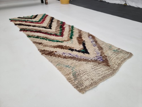 Moroccan Handmade Vintage Rug 2'1x5'8 Berber Striped White Green Wool Area Rug - Picture 5 of 10