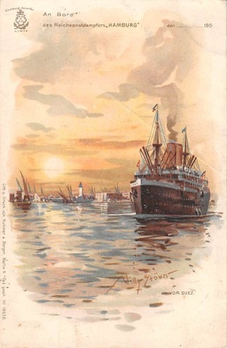 SS HAMBURG ~ HAMBURG AMERICA SHIP IN SUEZ EGYPT HARBOR ARTIST IMAGE used c 1900
