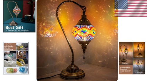 Turkish Moroccan Table Lamp Bronze Base 3 Color Change Mosaic Glass for Bedroom - Picture 2 of 9