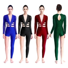 Womens Dancewear Asymmetrical Jumpsuit Rhinestones Gymnastics One Piece Costume