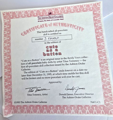 Ashton-Drake Galleries Cute as a Button Baby Doll First Issue Barely Yours COA - Picture 14 of 17