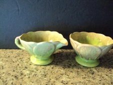 Mid Century  Flower Shaped Sugar and Creamer Green with Purple Drip  ID:66927