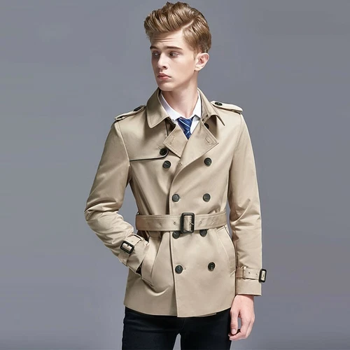 Zweireihiger schmaler Herren-Trenchcoat Frühling britischer Stil kurzer Windbreaker - Bild 24 von 27