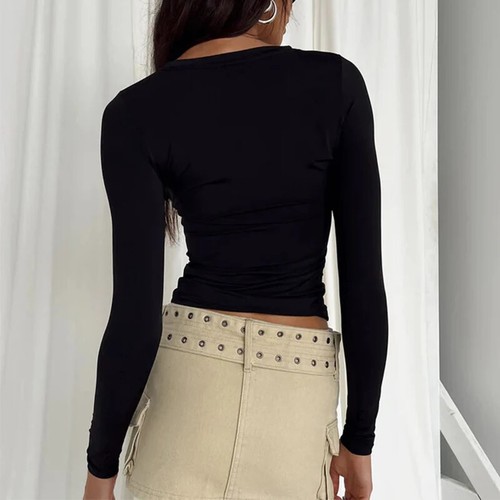Damen Slim Fit Langarm Einfarbig T-Shirt - Stretchig Basic Y2K Crop Top - Bild 6 von 16
