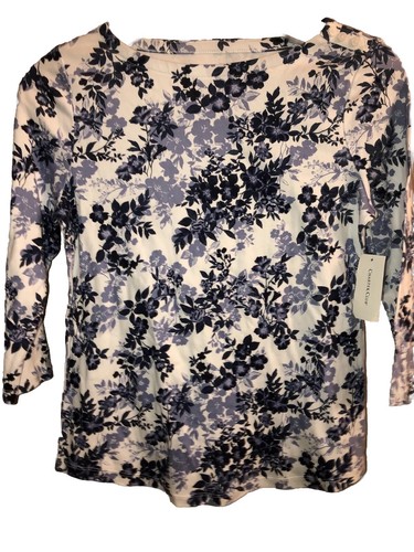 Charter Club S NWT White Blue Pima Boat Neck 3/4 Sleeve Modern Floral Top $70 - Picture 2 of 8