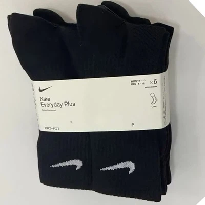 NEW Nike Everyday Plus Dri-Fit Crew Socks - 6-Pair Black(8-12) for Gym & Sport