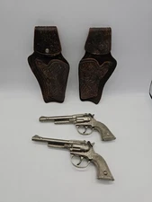 Vintage Matched Pair Hubley 6" Toy Cap Pistol's & Western Leather Holsters 