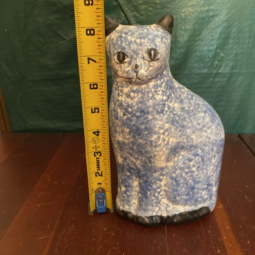 Vintage blau & weiß Katze Bank gesprenkelt Schwamm bemalt Statue Figur - Bild 2 von 24