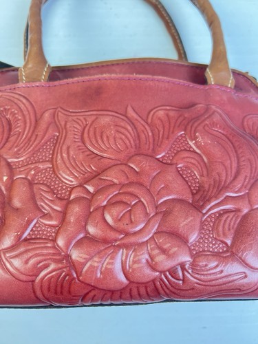 Patricia Nash Tooled Leather Handle Handbag Textured Roses Brown Casual Western - Picture 4 of 15
