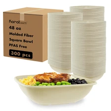 Karat Earth 48oz Paper Square Bowl, PFAS Free, Molded Fiber, Natural - 300 pcs